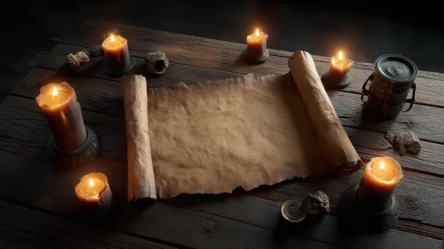 Ancient parchment candlelight wooden table rolled scroll wax candle warm glow vintage vessel old coins wax seal medieval atmosphere ancient parchment scroll candlelight wooden table wax candle rolled