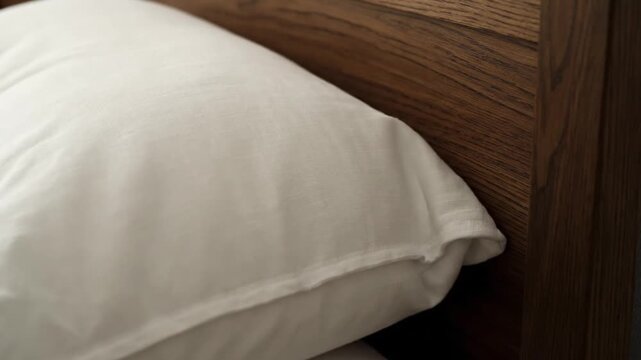 Close up view of a white pillow on a wooden bed frame with subtle lighting variations