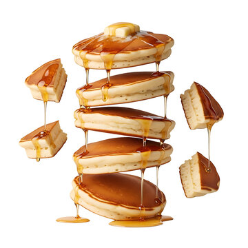 A creative levitating stack of fluffy pancakes with dripping maple syrup and melting butter isolated on a white background.
