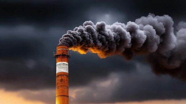 Brick smokestack emitting thick dark smoke into stormy sky with industrial chimney plume and smoke cloud sunset. smoke plume pollution emissions from factory chimney, industrial smokestack air