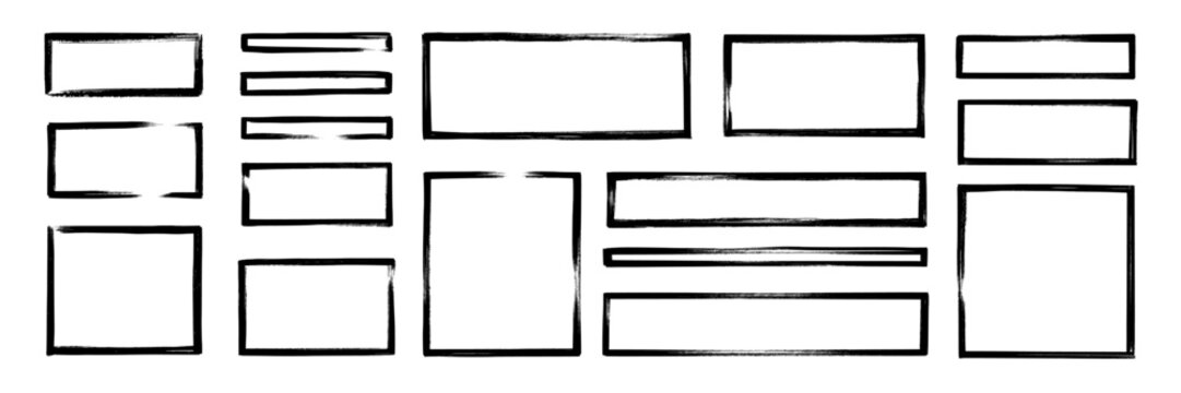 Frame brush rectangle set. Frame rectangle border brush stroke with chalk rough line and square shape. Hand drawn doodle pencil sketch outline on paper with vintage grunge texture. Vector illustration