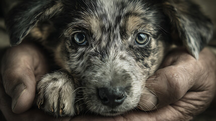 A dog with a black and brown coat is laying on a person's hand. The dog has a black nose and blue eyes