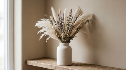 Dried Pampas Grass, Eucalyptus, and Lavender in White Vase on Rustic Wooden Shelf