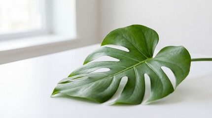 Fresh Green Monstera Leaf on White Background with Natural Light