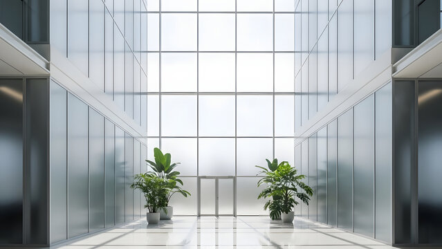Bright modern office building interior with a prominent frosted glass facade, featuring potted plants in a spacious atrium, viewed from a low angle on a sunny day