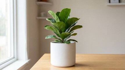 Fiddle Leaf Fig Plant in White Pot on Wooden Table by Window with Natural Light
