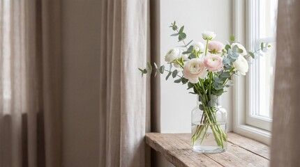 Soft Ranunculus and Eucalyptus Bouquet on Rustic Wooden Windowsill