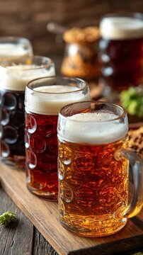 Assorted craft beers in glass mugs on wooden board with hops and grains on table. Different types of Oktoberfest beers in steins, lined up with tasting notes, amber tones and hops scattered