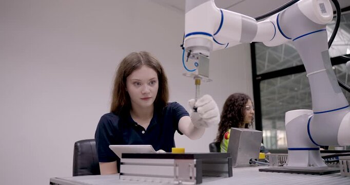 female student with gloves controls robotic tool head during automation training with collaborative robot arm inside industry40 robotics education workshop focusing on installation and task accuracy