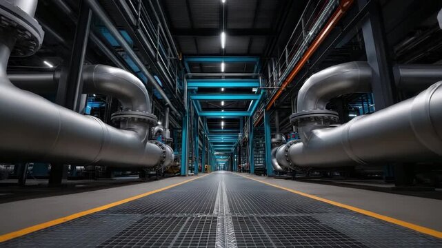 Industrial corridor pipeline walkthrough combining stainless steel pipe and metal walkway in factory engineering plant interior with structural frames, industrial maintenance and precision engineering