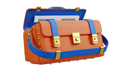 Orange briefcase with blue accents and gold hardware
