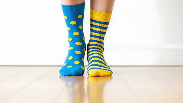 A person's feet wearing two brightly colored, mismatched socks, one blue with yellow polka dots and one yellow with blue stripes, standing on a wooden floor.