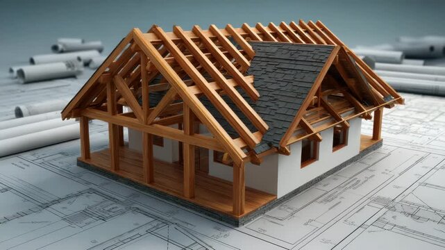 Timber frame house model construction architectural blueprint with warm wood structure, exposed wooden truss construction planning and partial slate roof showcasing rustic construction detail