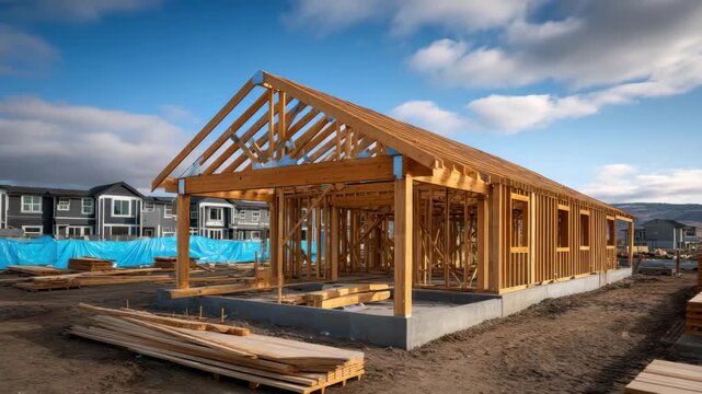 New wooden house framing construction concrete foundation with exposed timber roof truss and lumber piles residential worksite showing structural framing, construction progress and hopeful morning