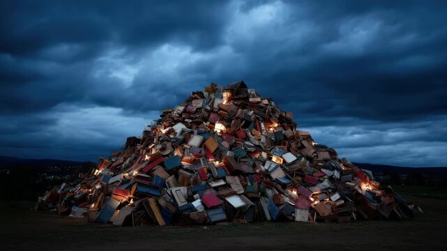 Towering pile of illuminated suitcases and trunks beside glowing books under dramatic storm clouds at dusk, luggage and literary pile glowing on moody night, cloud lit mystery and nostalgia