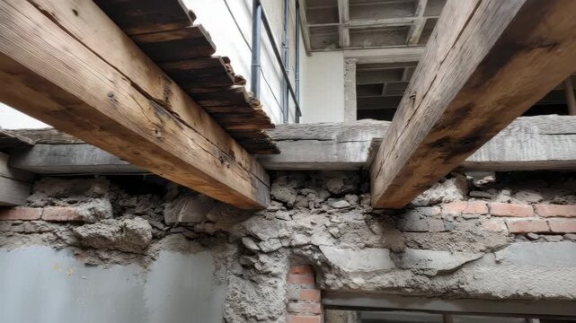 Weathered wooden beam ceiling with exposed brick wall, crumbling mortar and rustic weathered wood, ceiling joist and exposed structure showing interior decay, crumbling plaster, construction