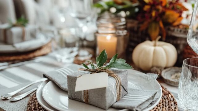 Elegant autumn table setting with pumpkins, candles, and gift boxes on rustic wood. Cozy fall celebration or Thanksgiving dinner concept