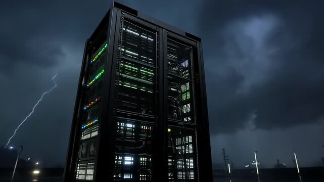 A dark, ominous data storage tower stands against a stormy night sky with wind turbines in the background, symbolizing the power and resilience of modern technology