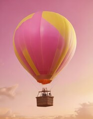 Fototapeta premium hot air balloon with pink hue soaring against a bright yellow background, floating high, sunlit scene