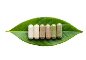 Colorful capsules on a green leaf isolated on transparent background