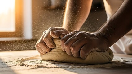 Close-up of a person's hands kneading fresh dough on a floured wooden table with warm sunlight streaming in from a window.