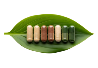 Colorful capsules on a green leaf isolated on transparent background