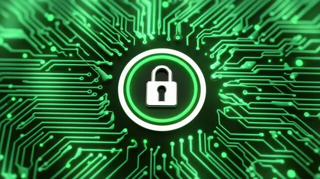 Green glowing padlock circuit board security network encryption cybersecurity data technology padlock icon glowing with energetic light digital protection concept conveying confidence and safety