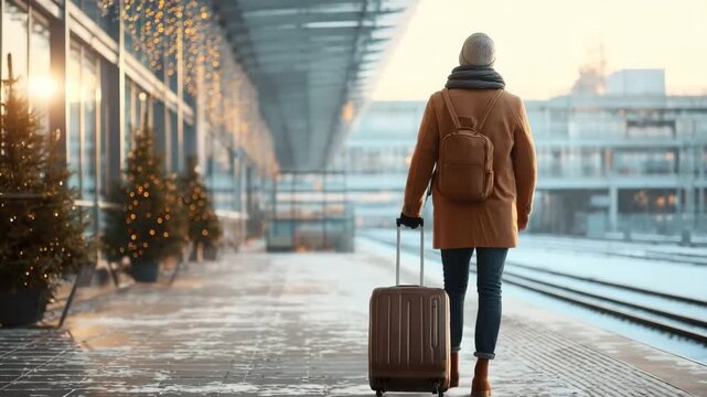Traveler with suitcase at snowy train station during winter holiday season. traveling during Christmas holiday season