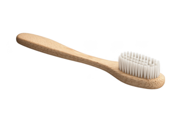 Bamboo toothbrush with white bristles and wooden handle, eco-friendly oral care, sustainable dental hygiene tool isolated on transparent background