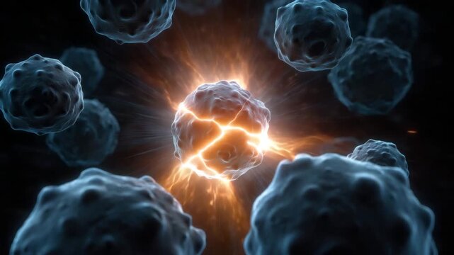 Glowing cell explosion cell particle microscopic biological energy Glowing microscopic cell undergoing energetic reaction with electric sparks and radiant light dramatic science illustration
