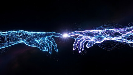 Visualizing the 3d edge computing concept through two luminous digital hands connecting, symbolizing data transfer and network intelligence.