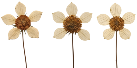 Three dried flowers with brown centers and beige petals isolated on transparent background