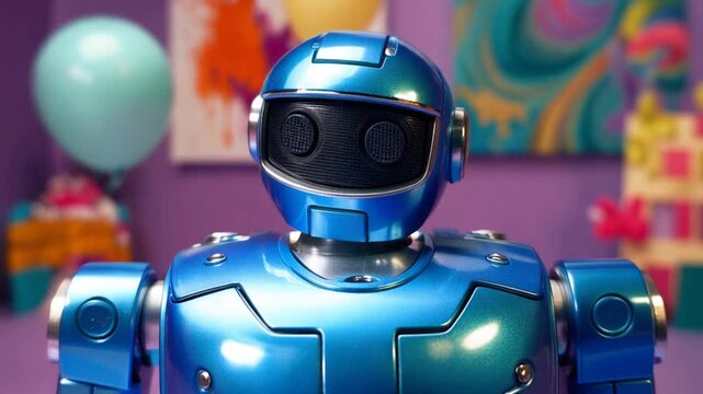 A shiny blue robot standing in a colorful party room with balloons and presents
