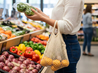 The buyer selects vegetables carefully in a modern store aisle