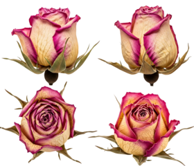 Four roses with pink edges on transparent background, floral arrangement