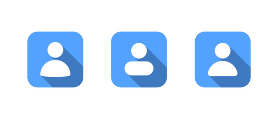 User profile icon set with long shadow. Social media account avatar symbol in blue square