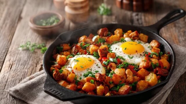 Skillet breakfast hash with eggs, potatoes and vegetables on rustic wooden table. Savory turkey breakfast hash with potatoes and eggs in a cast iron skillet, hearty breakfast meal