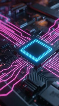 Close-up of glowing blue microchip on circuit board with pink neon lines, technology background for innovation concept
