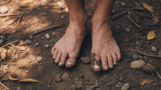 Man standing barefoot on dirt ground with rocks and leaves