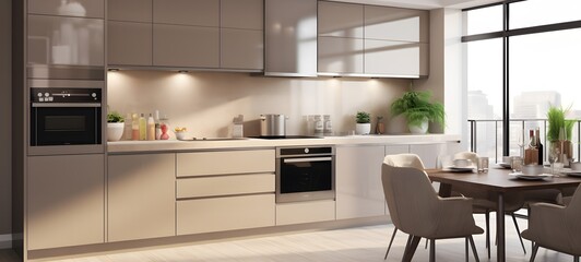A beautiful, modern, and elegant kitchen with sleek lacquered cabinets in a soft neutral tone (like beige, taupe, or off-white,generative AI