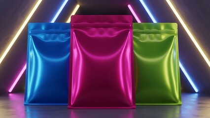 Three colorful metallic pouches arranged in a row with neon lights in the background.