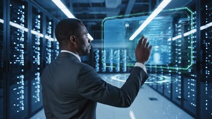 A man in a suit interacts with a futuristic digital interface in a server room, with blue hues - Powered by Adobe