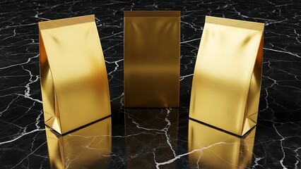 Three golden foil bags arranged on a black marble surface with reflections.