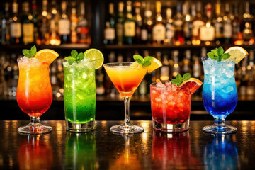 Five colorful cocktails with garnishes lined up on a bar counter with blurred bottles in the background