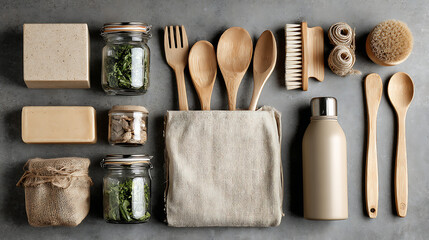 A variety of kitchen items are displayed on a wooden table. There are several bowls, cups, and spoons, as well as a knife and a cutting board. A potted plant is also present on the table