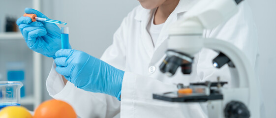 Scientist check chemical food residues in laboratory. Control experts inspect quality of vegetables  vegetables. lab, hazards, find prohibited substances, contaminate, Microscope, Microbiologist