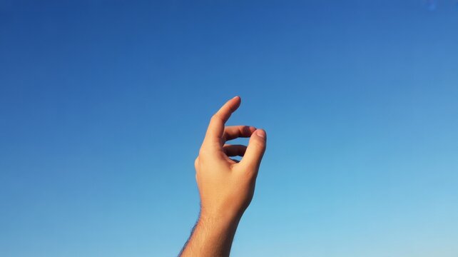 Hand making OK gesture against clear blue sky background