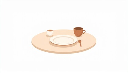 Serene and inviting minimalist table setup featuring an empty white plate, a warm brown mug, and a small cup on a light wooden surface, symbolizing morning routines or quiet contemplation