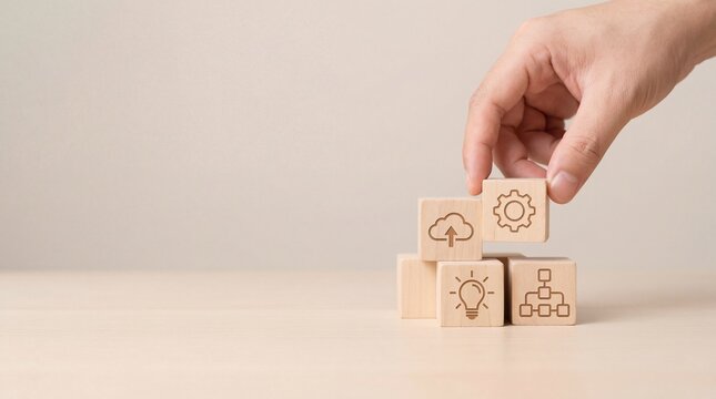 Hand stacking wooden blocks with cloud brain lightbulb and network icons. - Powered by Adobe