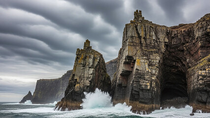 Dramatic rugged rocky cliffs crashing ocean waves creating turbulent atmosphere with stormy cloudy sky and natural light